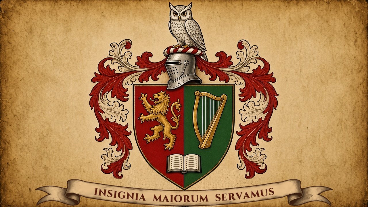 The arms of Heraldic Lab: an owl crest above a helm, a red and green shield with a gold lion and harp, and the motto Insignia Maiorum Servamus